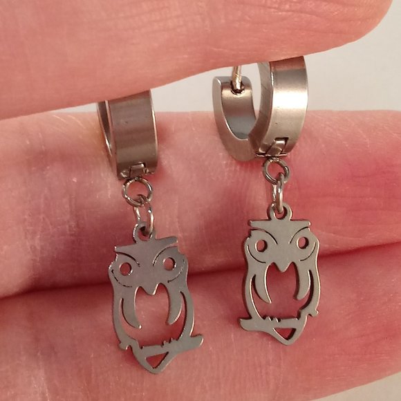 Mens Silver Stainless Steel Owl Smooth Hoop Drop Dangle Earrings Party Gift - Picture 2 of 4